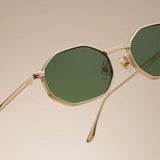 Opulent Gold Green Hexagon Sunglasses