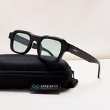 Black sunglasses with a case on a white background, featuring the Sunglassluc brand.