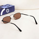 Sunglasses with black frames and brown lenses on a white background, with a blue box featuring a white logo in the background.