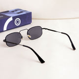 Black sunglasses with a blue box on a white background
