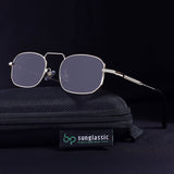 Sunglasses with a black case on a dark background, featuring the Sunglassic brand.