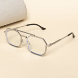 Commando silver clear square sunglasses with anti-blue light lenses. Reduces eye strain and fatigue from long screen time. Perfect for everyday wear.