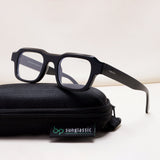 Black eyeglasses on a black case with 'sunglassic' branding on a white background