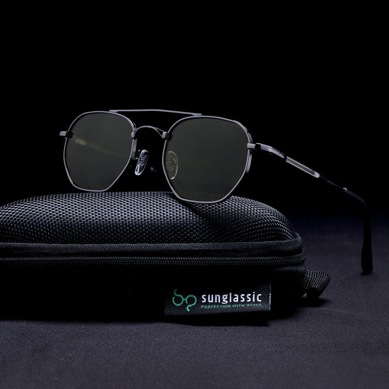 Phantom Gun-Silver Green Hexagon Sunglasses