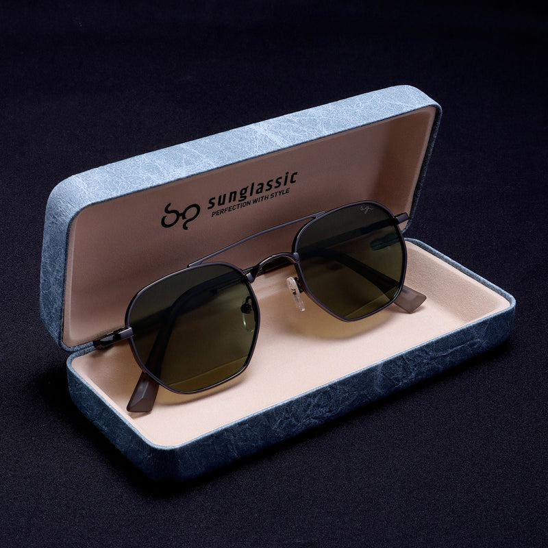Phantom Gun-Silver Green Hexagon Sunglasses