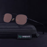 Sunglasses with a black case on a dark background