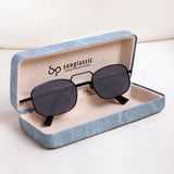 Sunglasses in a blue case with 'Sunglassic' branding on a white background
