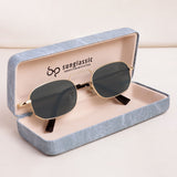 Sunglasses in a 'sunglassic' branded case on a light background